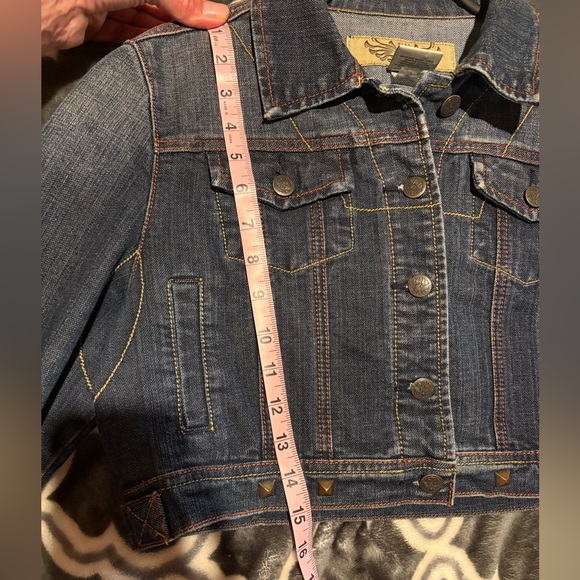 Cropped denim jacket w/ small edgy studs. Red & yellow stitching. Distressed - Picture 11 of 11